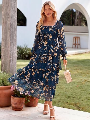 Simplee Women's Floral Boho Long Sleeve Maxi Dress V Neck Empire Waist Swing Flowy Wedding Guest Dress