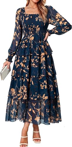Simplee Women's Floral Boho Long Sleeve Maxi Dress V Neck Empire Waist Swing Flowy Wedding Guest Dress