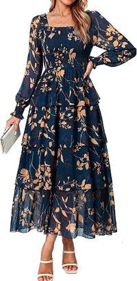 Simplee Women's Floral Boho Long Sleeve Maxi Dress V Neck Empire Waist Swing Flowy Wedding Guest Dress
