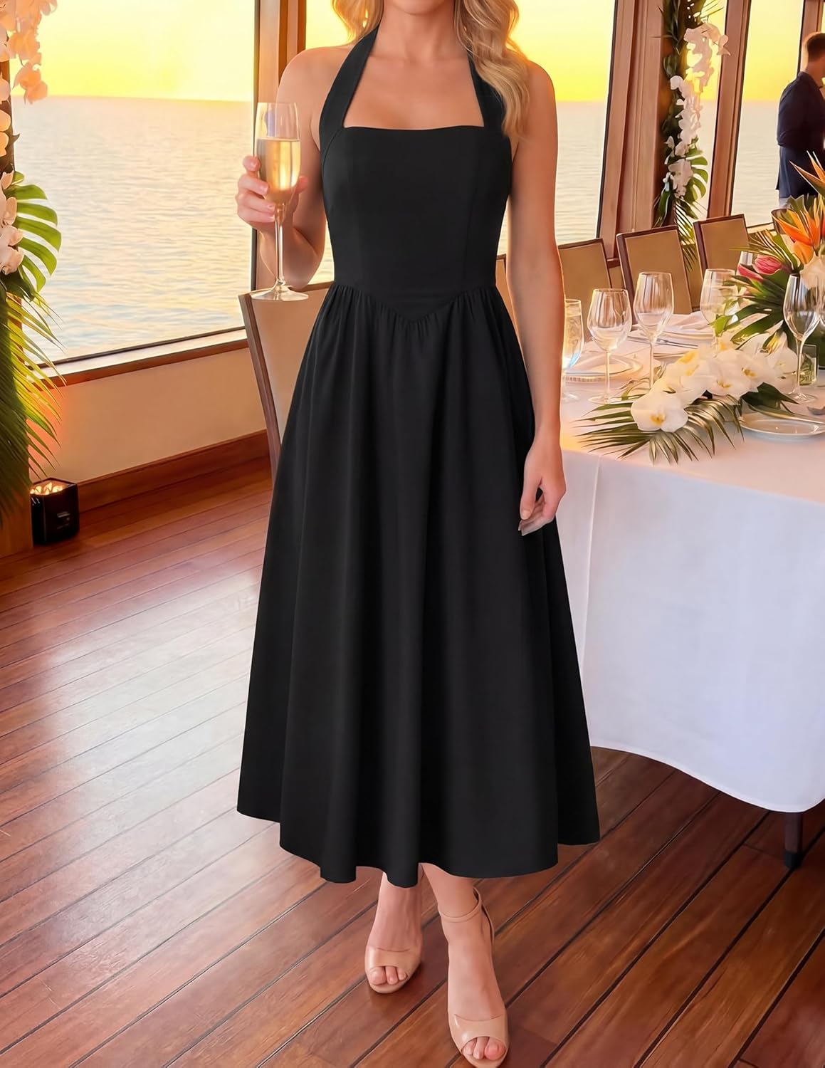 Women's Sleeveless Halter High Waist Flowy Midi Dress