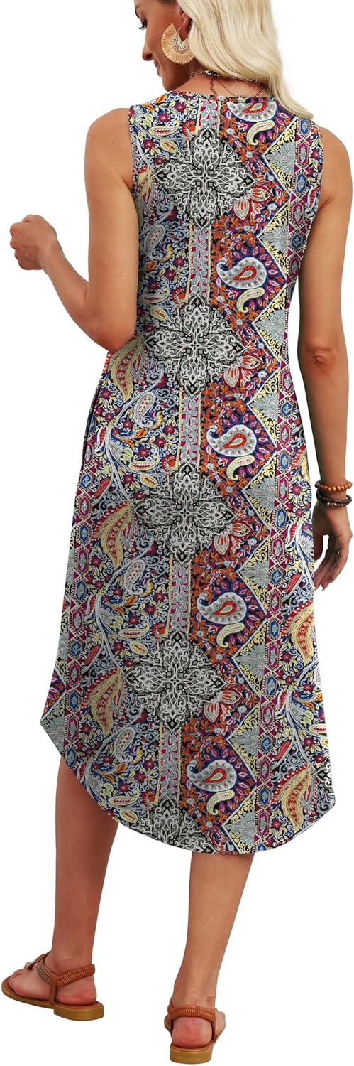 Women's Button Front Sleeveless Midi Dress with Pockets