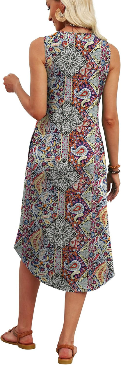 Women's Button Front Sleeveless Midi Dress with Pockets