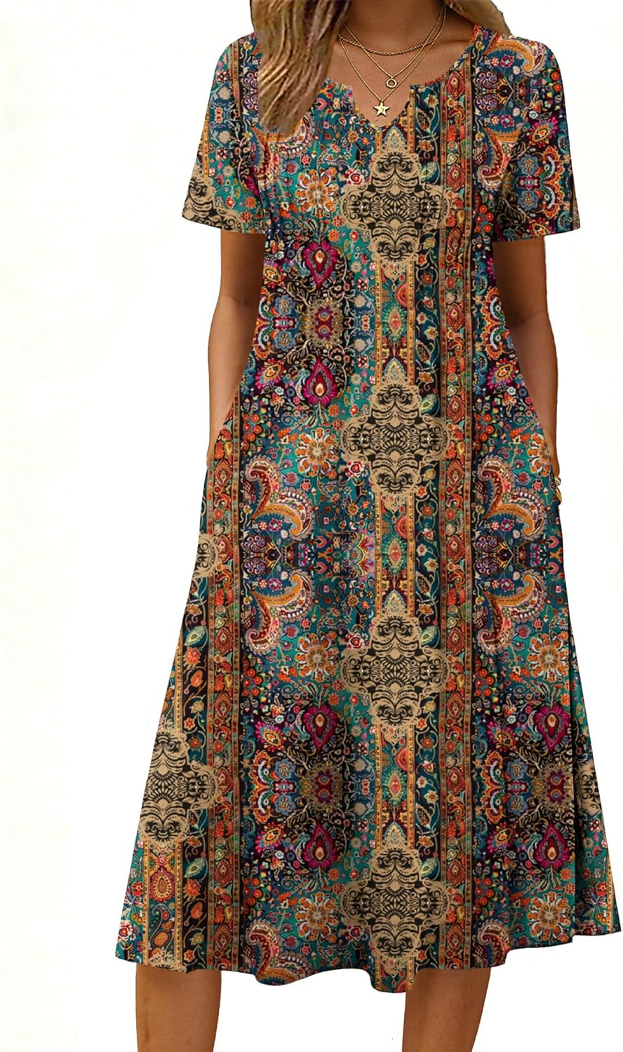 Women's Short Sleeve A-Line Midi Dress with Pockets