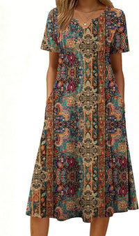 Women's Short Sleeve A-Line Midi Dress with Pockets