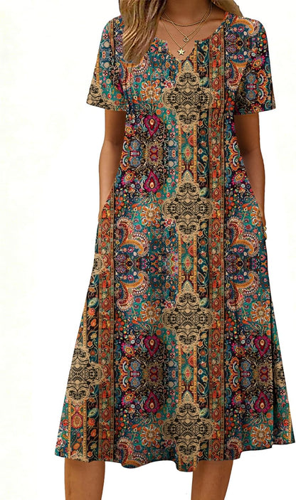 Women's Short Sleeve A-Line Midi Dress with Pockets