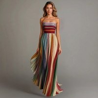 Women's Strapless Pleated Summer Maxi Dress - Colorful Boho Beach Sundress Flowy A-Line