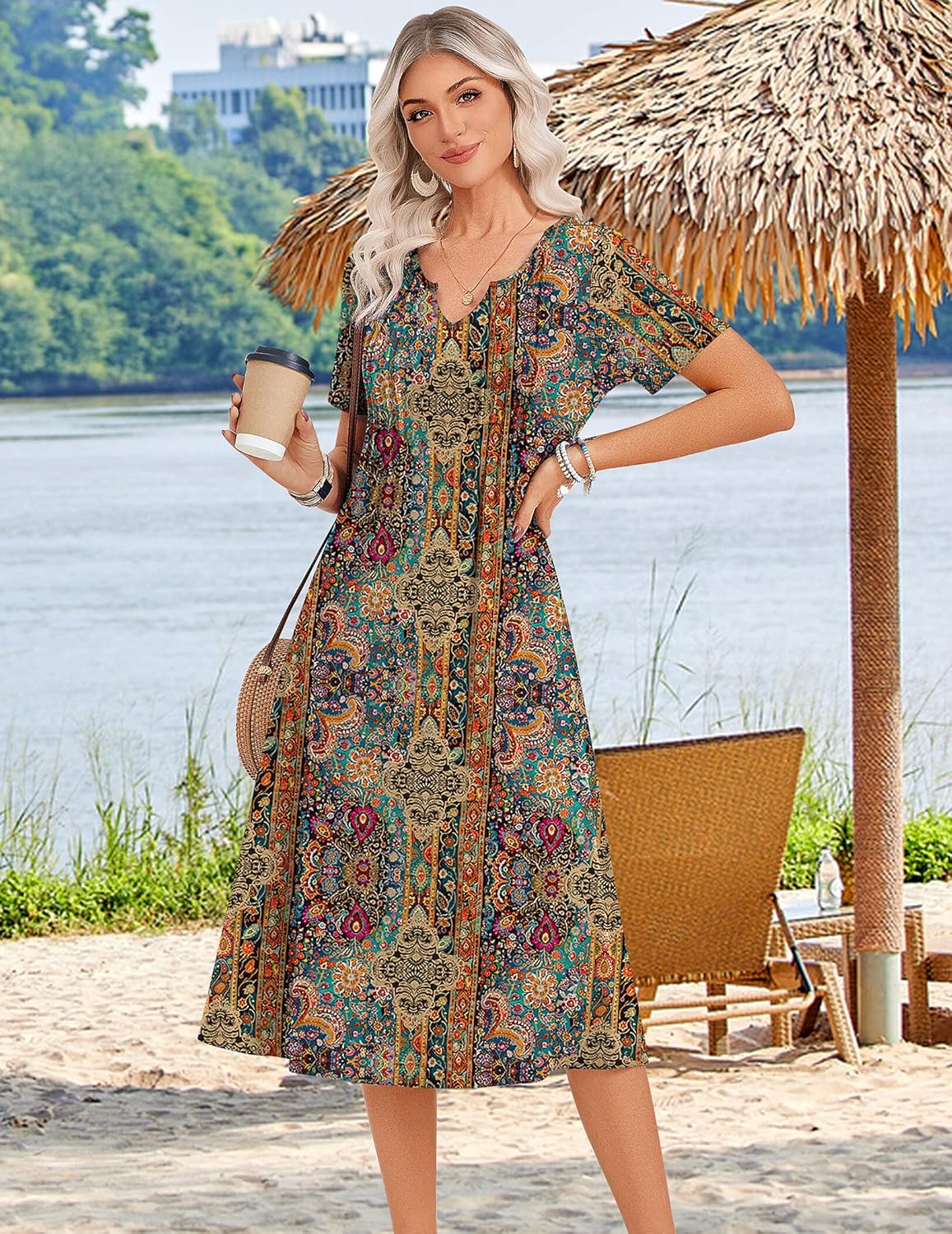 Women's Short Sleeve A-Line Midi Dress with Pockets