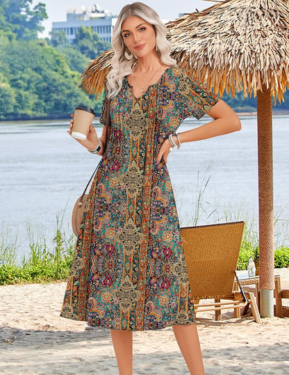Women's Short Sleeve A-Line Midi Dress with Pockets