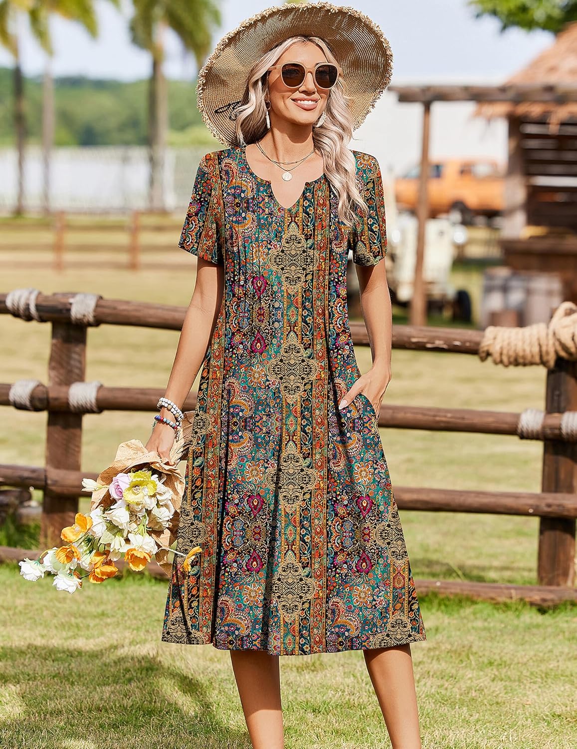 Women's Short Sleeve A-Line Midi Dress with Pockets
