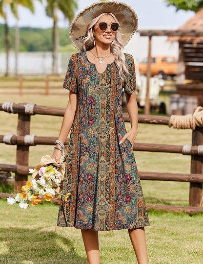 Women's Short Sleeve A-Line Midi Dress with Pockets