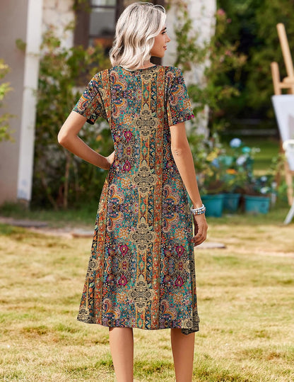 Women's Short Sleeve A-Line Midi Dress with Pockets