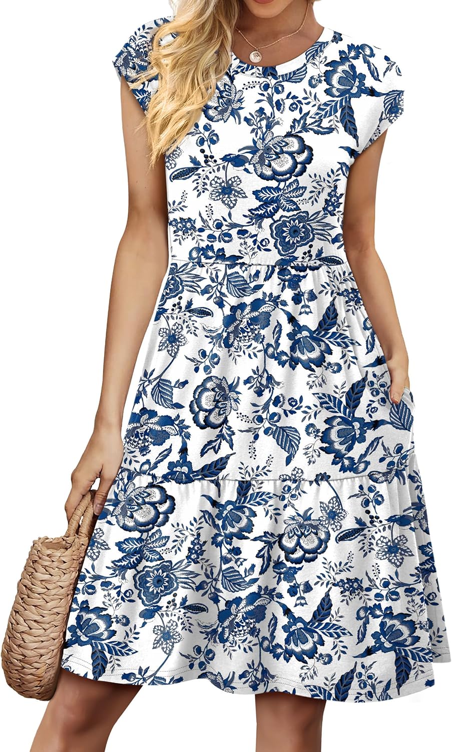 Women's Floral Tiered Cap Sleeve Swing Dress