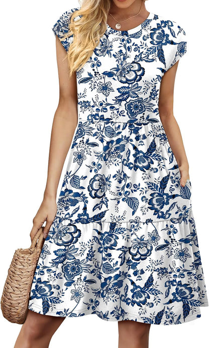 Women's Floral Tiered Cap Sleeve Swing Dress
