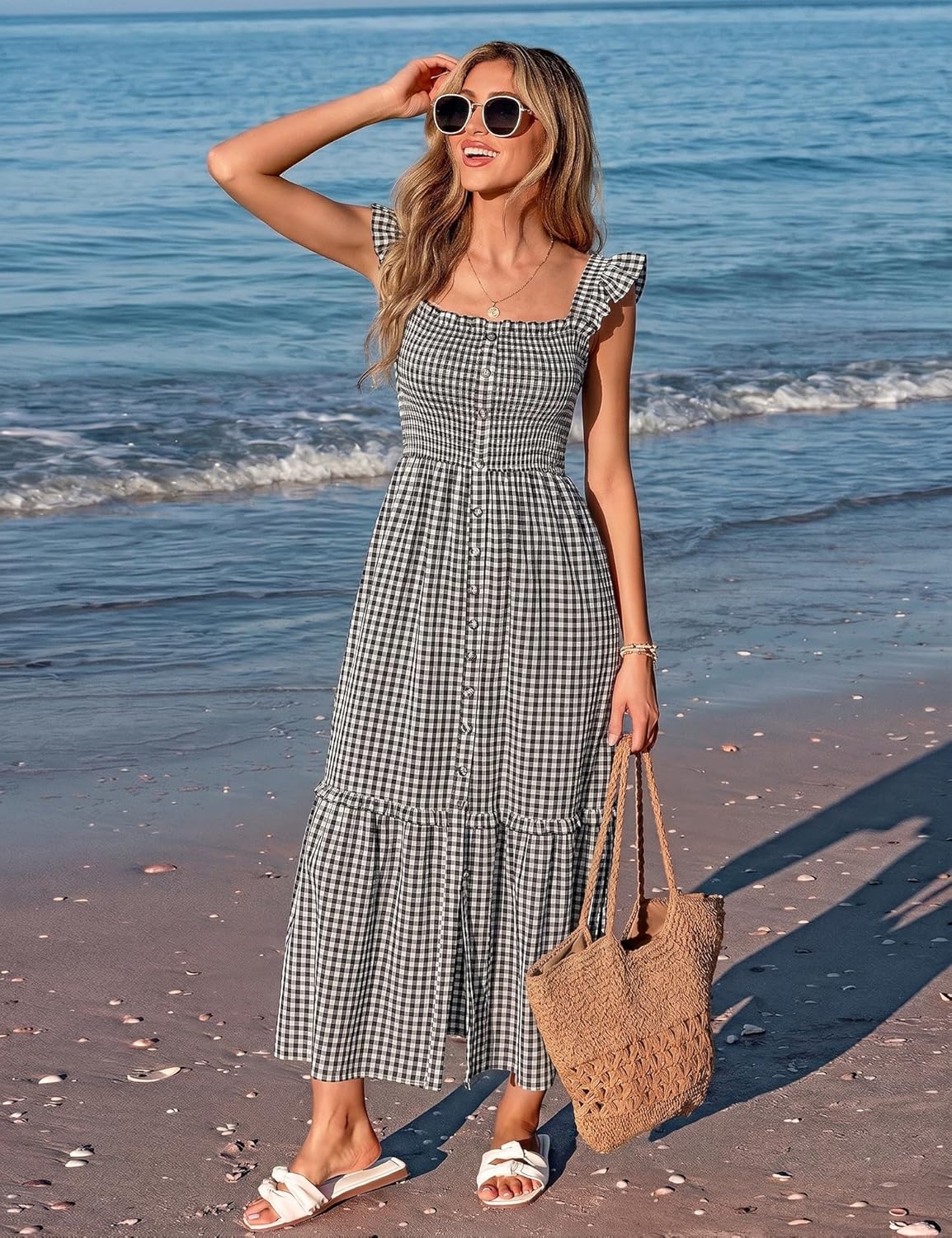 Women's Square Neck Smocked Midi Dress with Pockets