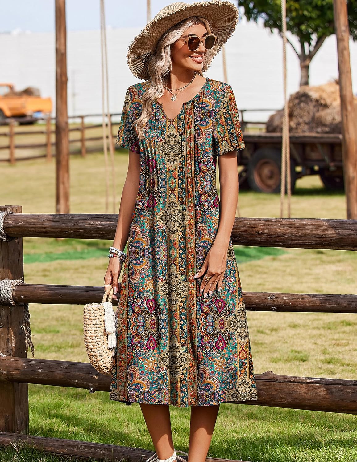 Women's Short Sleeve A-Line Midi Dress with Pockets