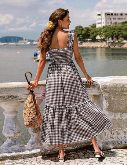 Women's Square Neck Smocked Midi Dress with Pockets