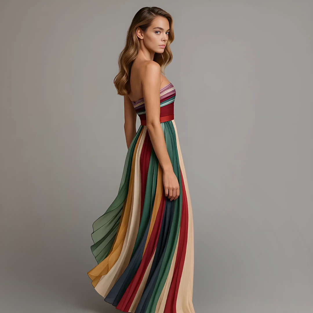 Women's Strapless Pleated Summer Maxi Dress - Colorful Boho Beach Sundress Flowy A-Line