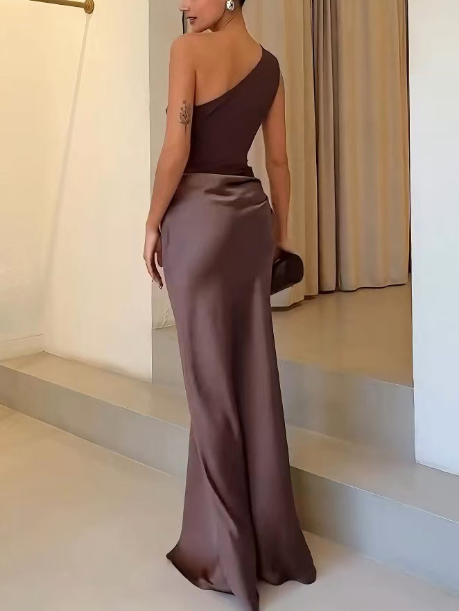 Women's One Shoulder Pleated Party Maxi Dress