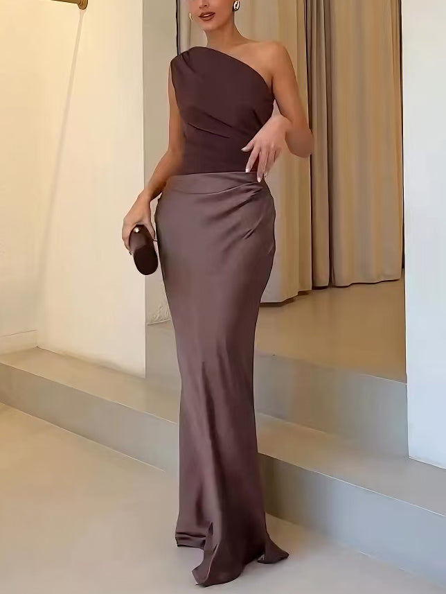 Women's One Shoulder Pleated Party Maxi Dress