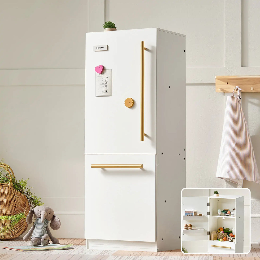 Tiny Land® Play Kitchen Accessories – Play Kitchen Fridge: Wooden Cabinet Refrigerator for Kids