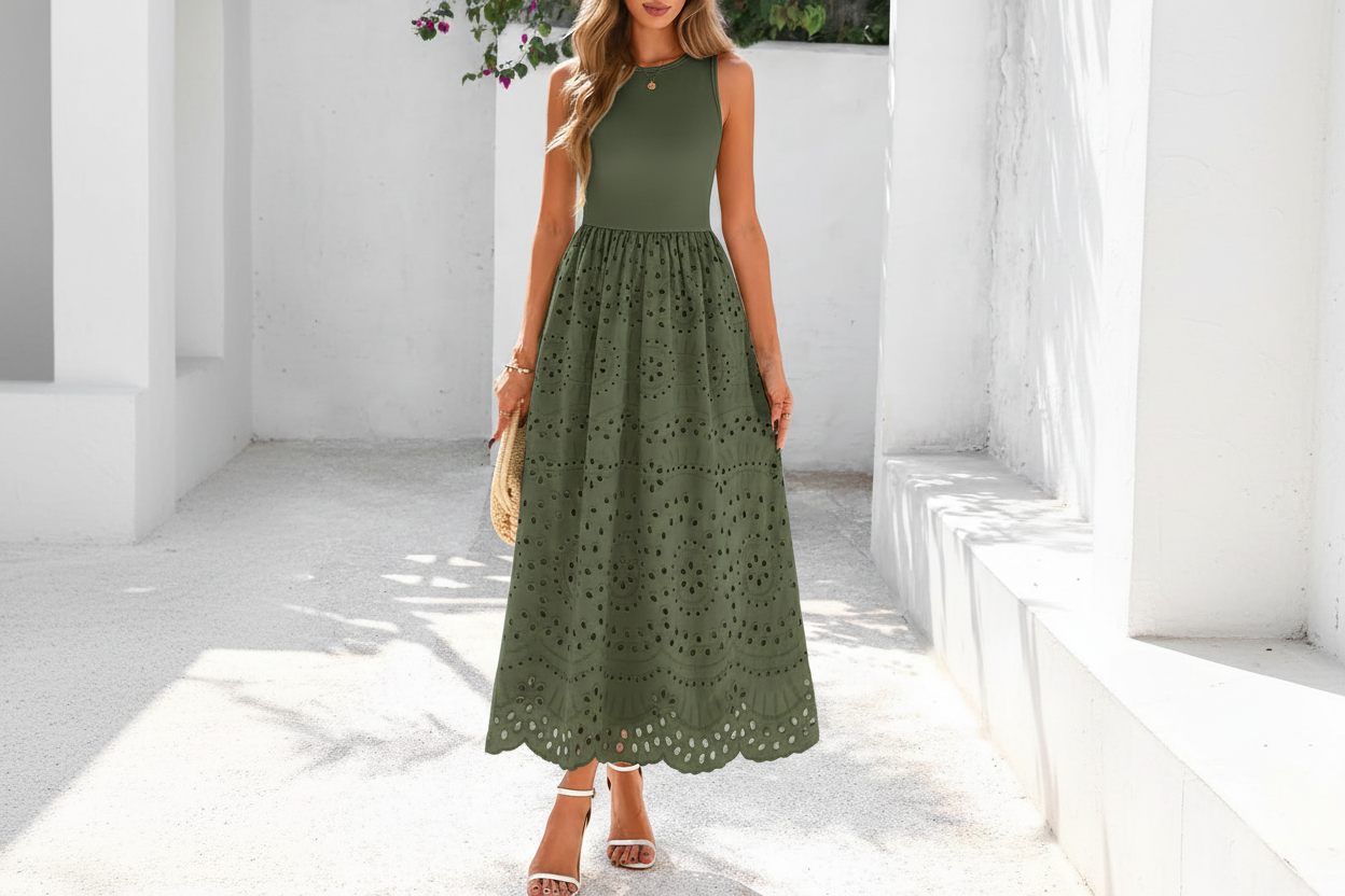 Women's Sleeveless Cotton A-Line Maxi Dress with Pockets