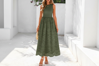 Women's Sleeveless Cotton A-Line Maxi Dress with Pockets