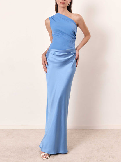 Women's One Shoulder Pleated Party Maxi Dress