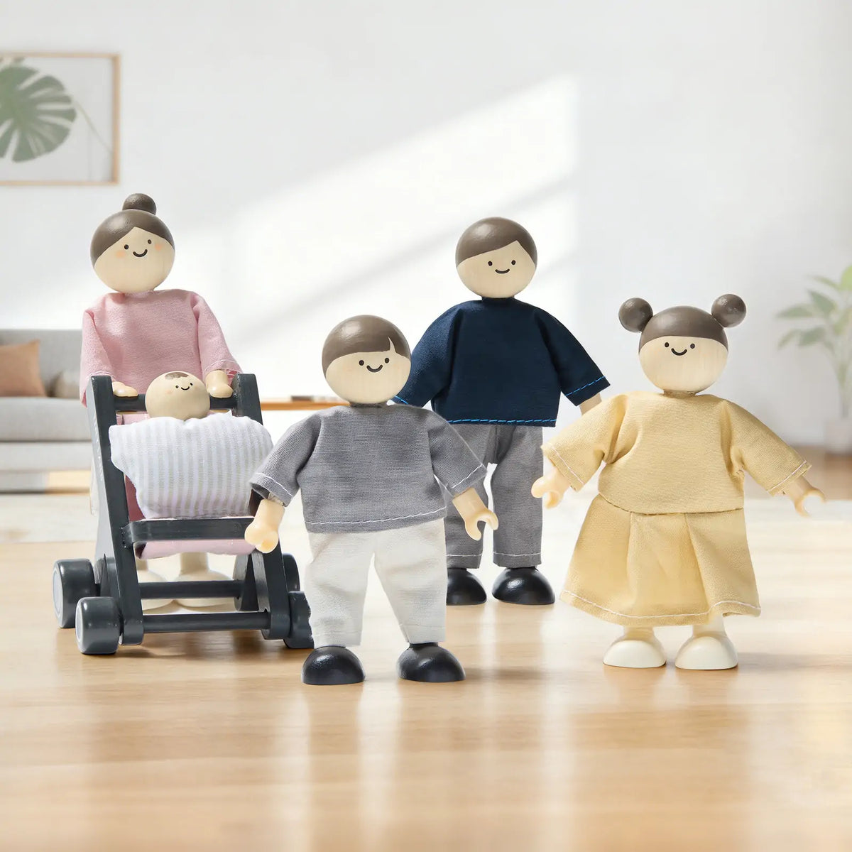 Tiny Land Wooden Dollhouse Dolls - 1:12 Scale Poseable Family Figures with Baby Stroller