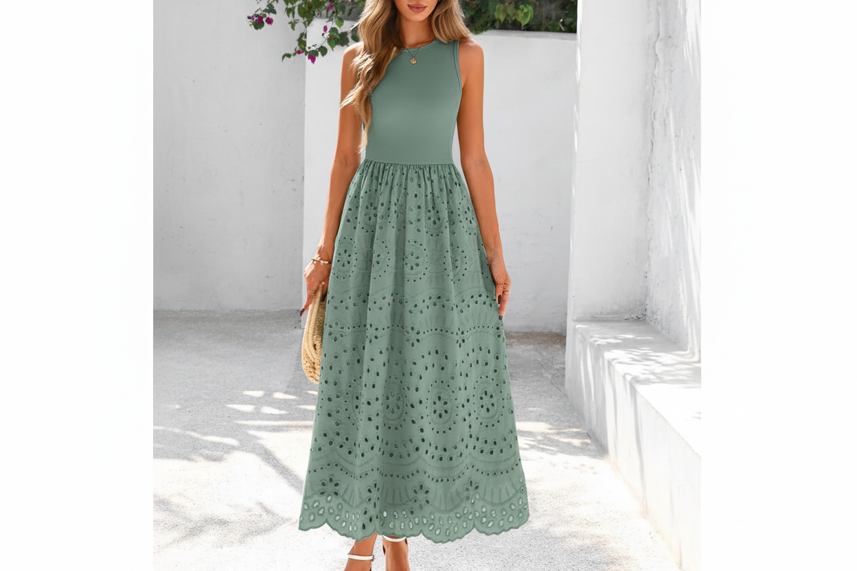 Women's Sleeveless Cotton A-Line Maxi Dress with Pockets