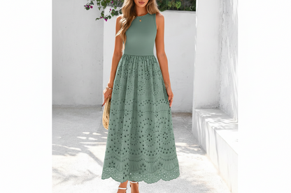 Women's Sleeveless Cotton A-Line Maxi Dress with Pockets