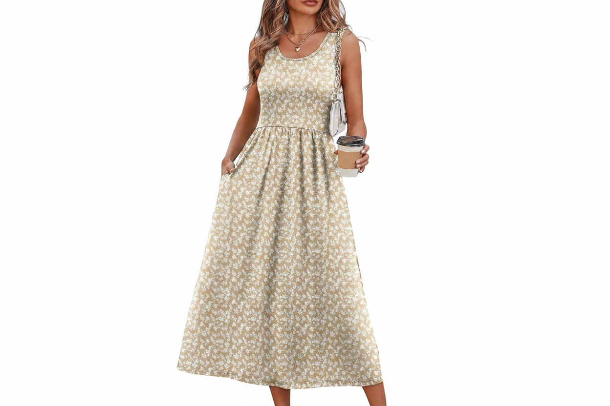 Women's Flowy Casual Midi Dress with Pockets