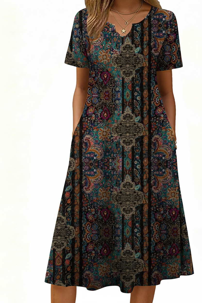 Women's Short Sleeve A-Line Midi Dress with Pockets
