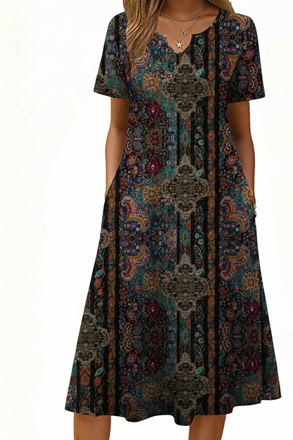 Women's Short Sleeve A-Line Midi Dress with Pockets