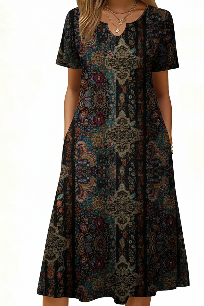 Women's Short Sleeve A-Line Midi Dress with Pockets