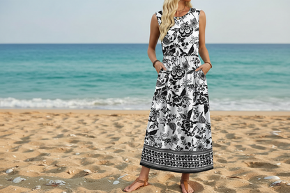 Women's Sleeveless Flowy A-Line Maxi Dress with Pockets