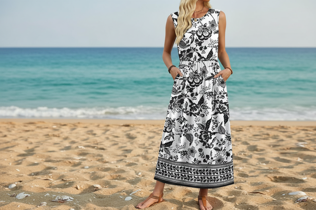 Women's Sleeveless Flowy A-Line Maxi Dress with Pockets
