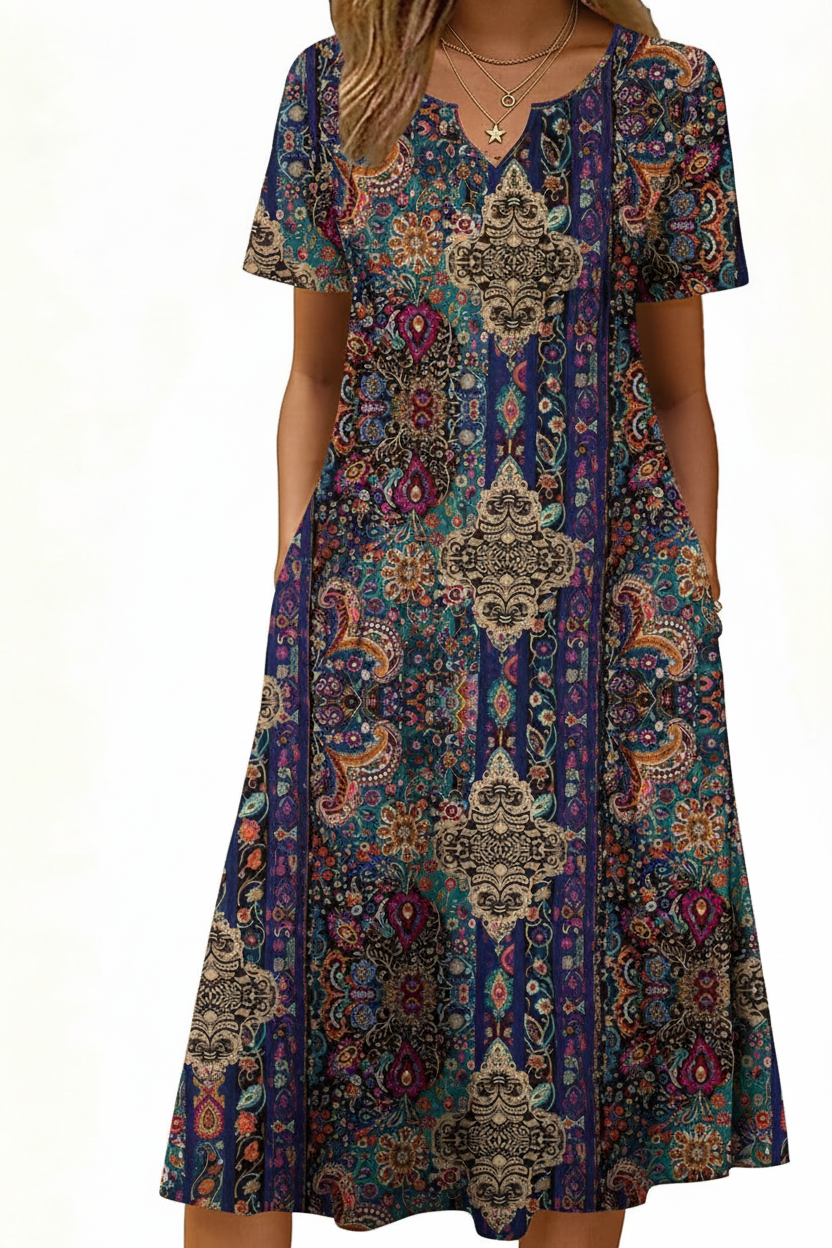 Women's Short Sleeve A-Line Midi Dress with Pockets