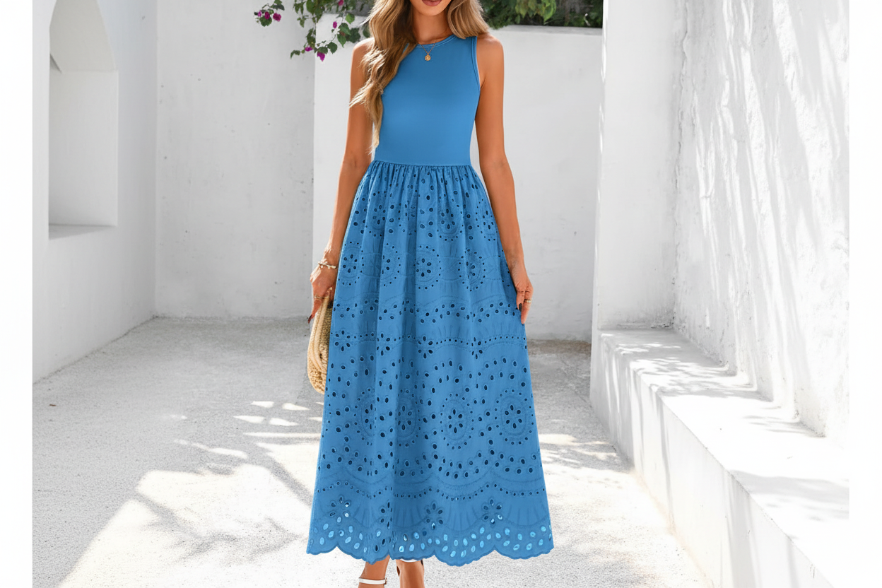 Women's Sleeveless Cotton A-Line Maxi Dress with Pockets