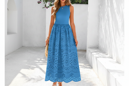 Women's Sleeveless Cotton A-Line Maxi Dress with Pockets