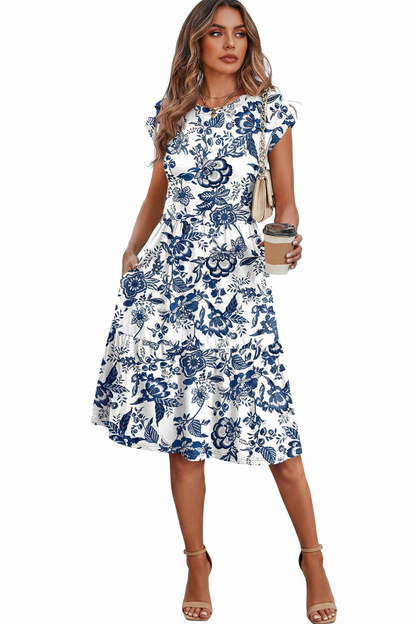 Women's Floral Tiered Cap Sleeve Swing Dress
