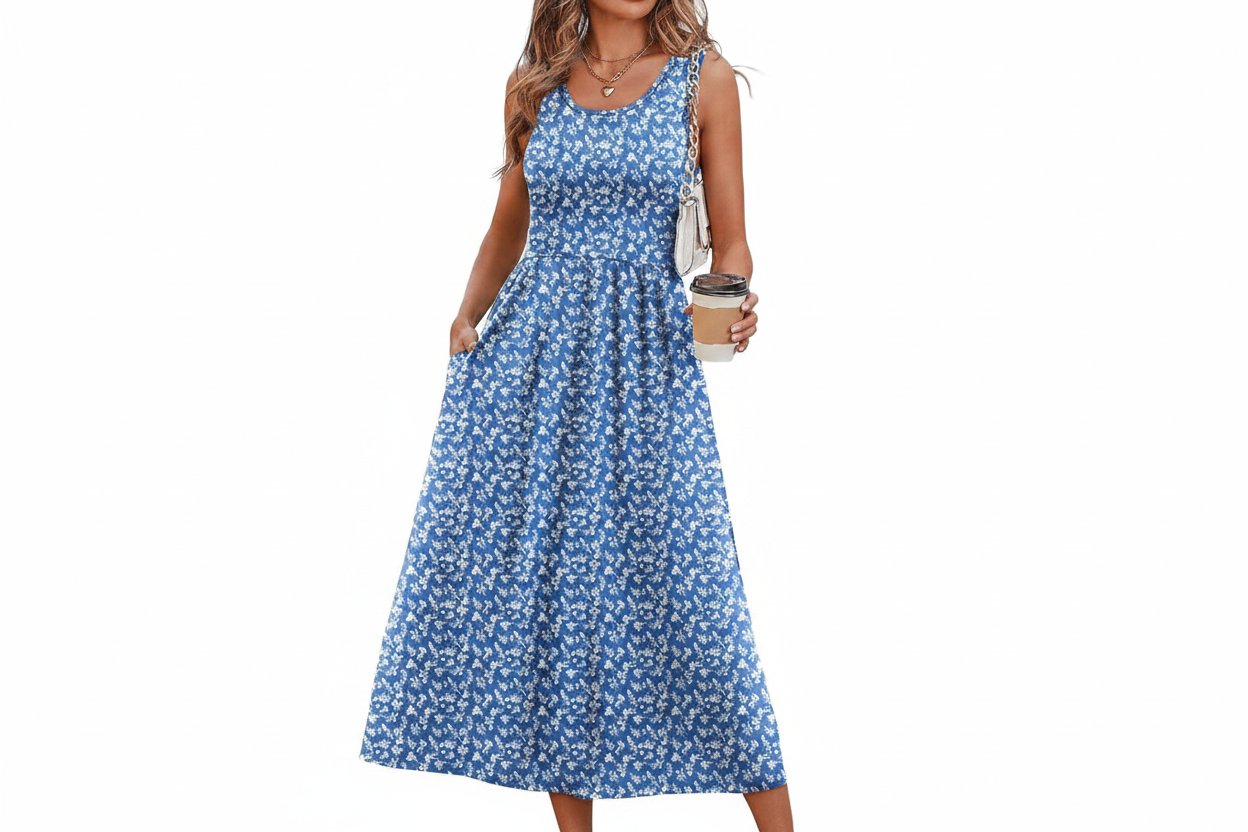 Women's Flowy Casual Midi Dress with Pockets