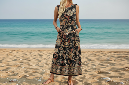 Women's Sleeveless Flowy A-Line Maxi Dress with Pockets