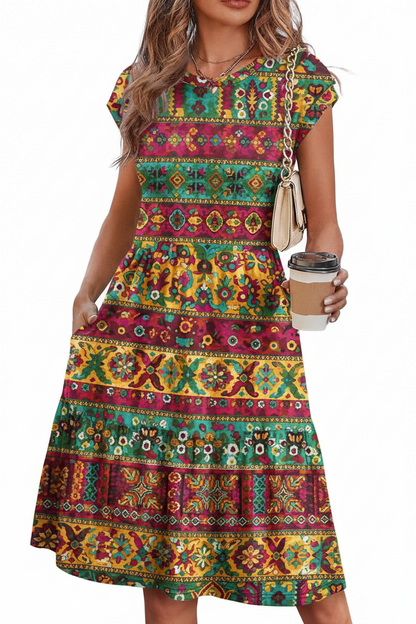 Women's Floral Tiered Cap Sleeve Swing Dress