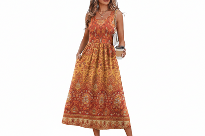 Women's Flowy Casual Midi Dress with Pockets