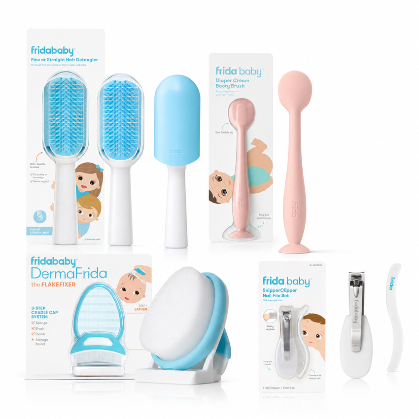 Frida Baby 4-Piece Grooming Bundle with Hair Brush, FlakeFixer, Nail Set and Booty Brush
