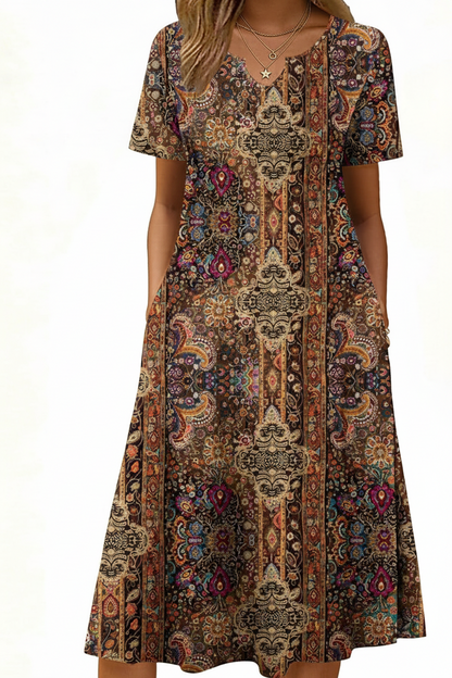 Women's Short Sleeve A-Line Midi Dress with Pockets