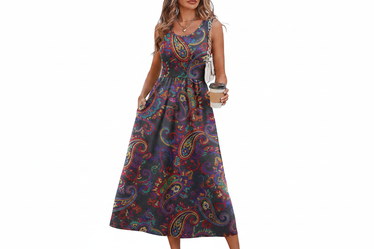 Women's Flowy Casual Midi Dress with Pockets