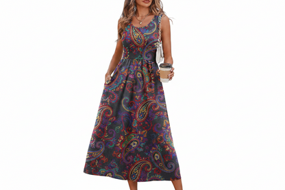 Women's Flowy Casual Midi Dress with Pockets