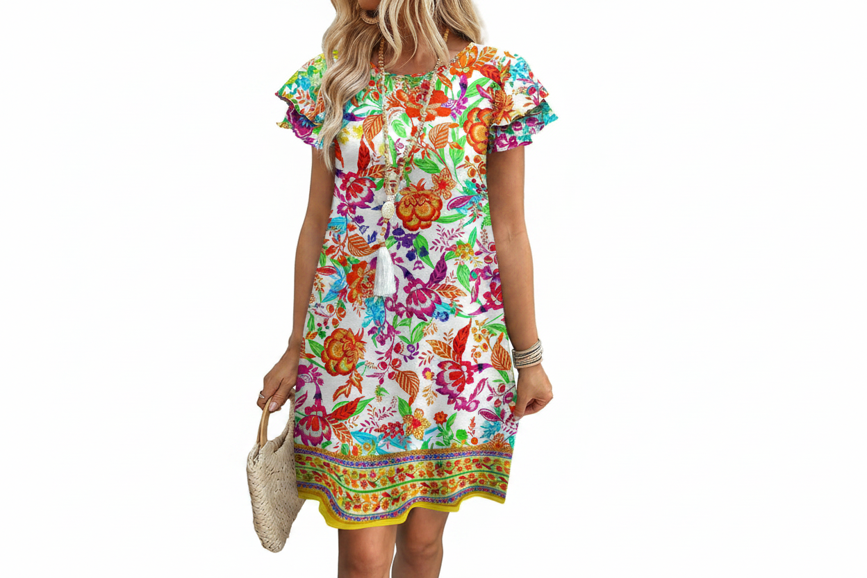 Women's Ruffle Sleeve Swing Sundress with Pockets