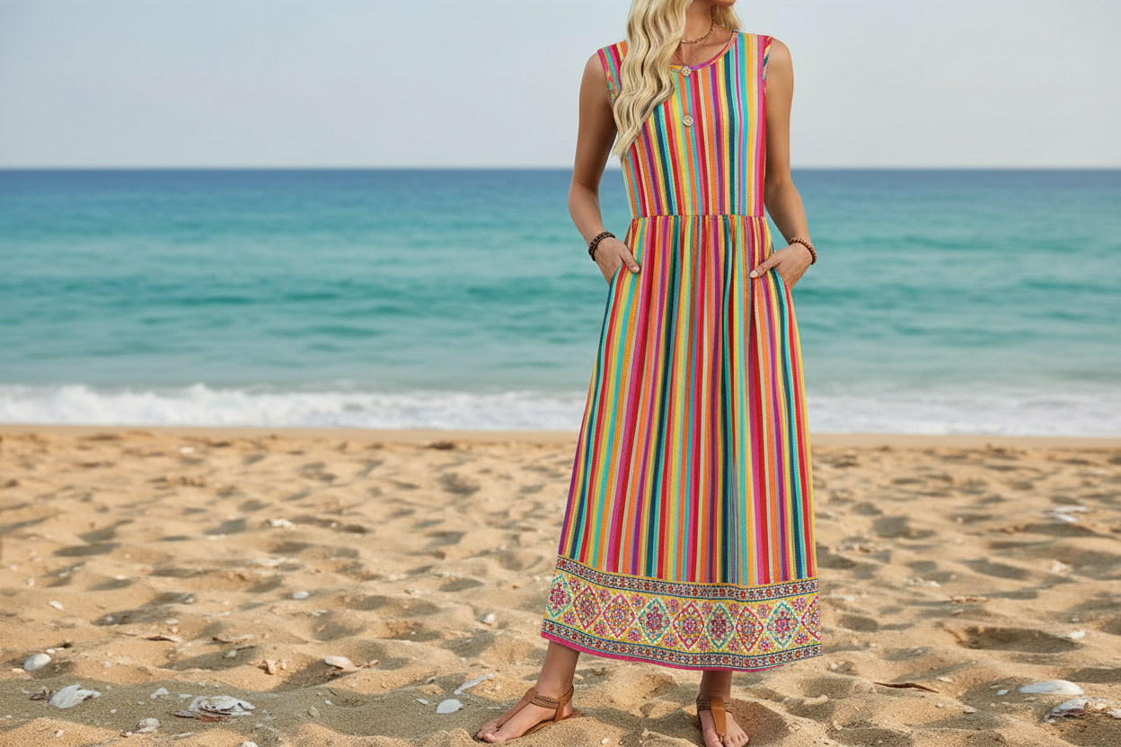 Women's Sleeveless Flowy A-Line Maxi Dress with Pockets